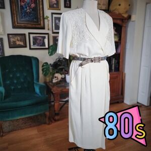 Studio I New York Dress Vintage 80s Cream Lace Shoulder Maxi Wrap Style L Large‎